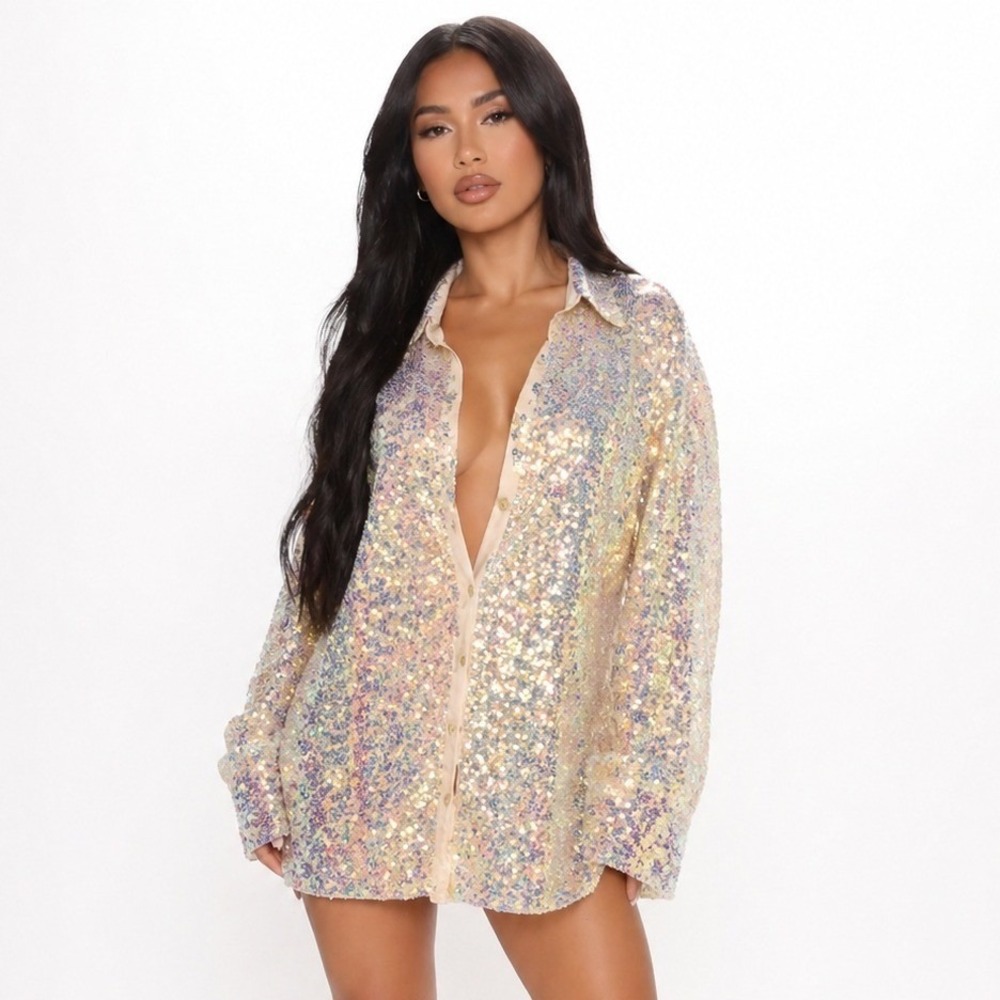 SLA The Label Champagne Sparkle Sequin Button Down Shirt Blouse Women Small NWT